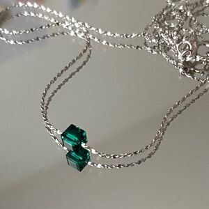 Sterling Silver Necklace with Emerald Green Swarovski Crystal Cube